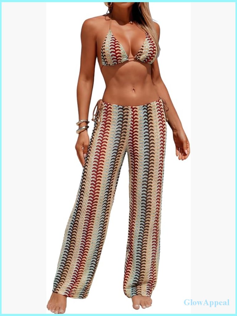 Halter Triangle Bikini Set With Cover Up Pants 3 Piece Swimsuit